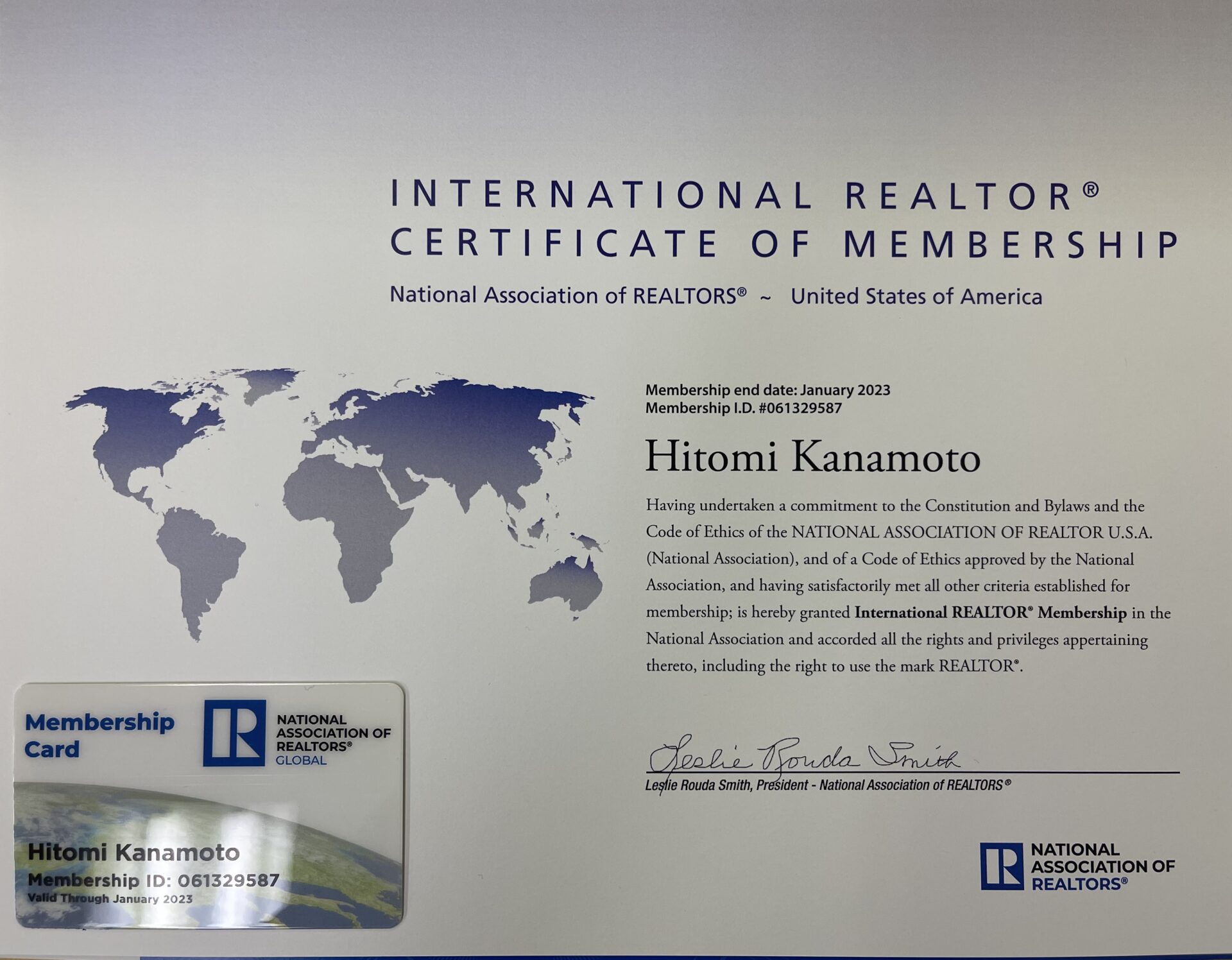 全米リアルター協会（NAR） 会員に認定されました。